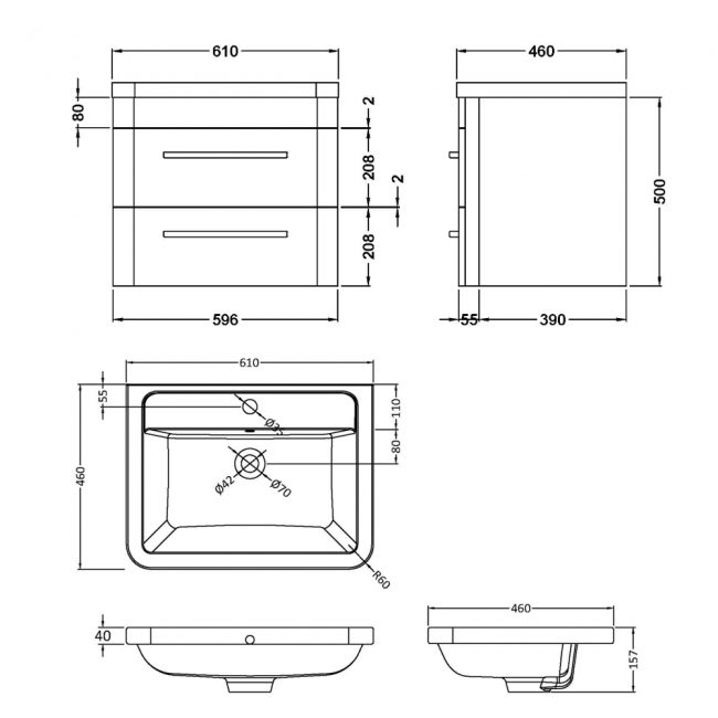 Hudson Reed Solar Wall Hung Vanity Unit with Ceramic Basin 600mm Wide - Cool Grey