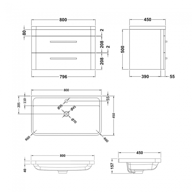 Hudson Reed Solar Wall Hung Vanity Unit with Polymarble Basin 800mm Wide - Indigo Blue