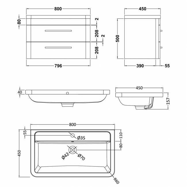 Hudson Reed Solar Wall Hung Vanity Unit with Ceramic Basin 800mm Wide - Fern Green
