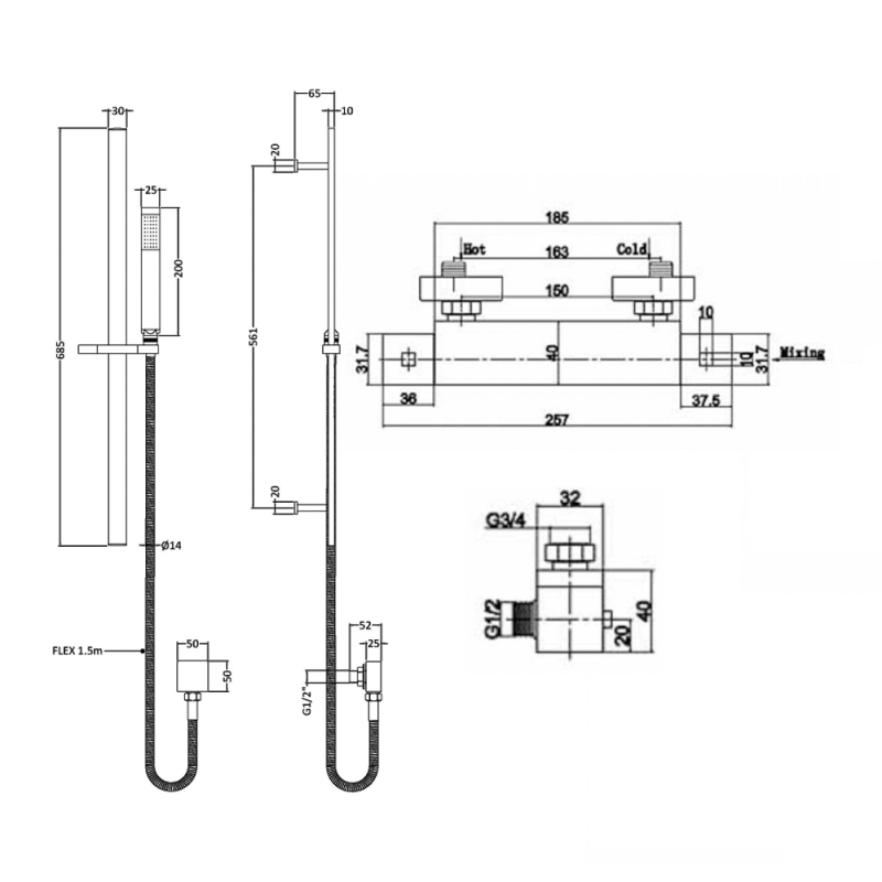 Hudson Reed Square Thermostatic Bar Shower Valve with Sheer Slider Rail Kit - Chrome