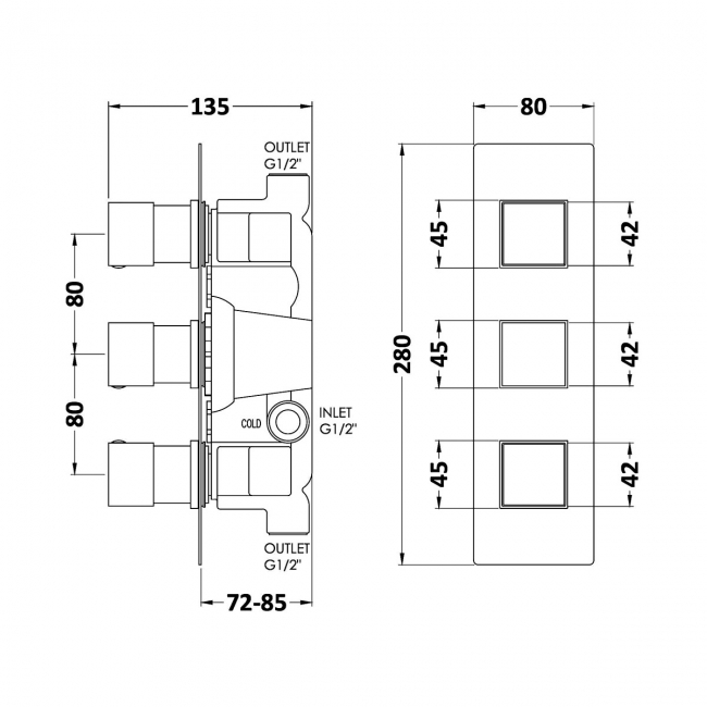 Hudson Reed Square Concealed Shower Valve Triple Handle - Chrome