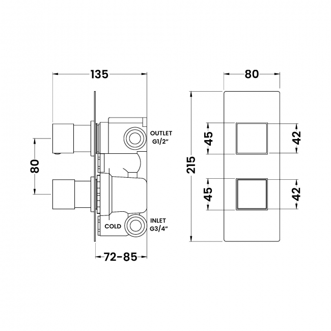 Hudson Reed Square Concealed Shower Valve with Diverter Dual Handle - Chrome