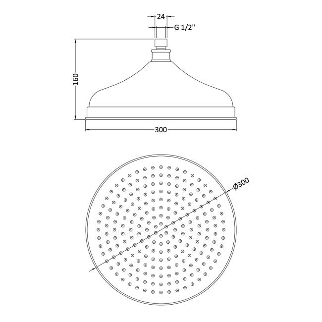 Hudson Reed Tec Apron Fixed Shower Head 300mm Diameter - Chrome  | Dimension Image