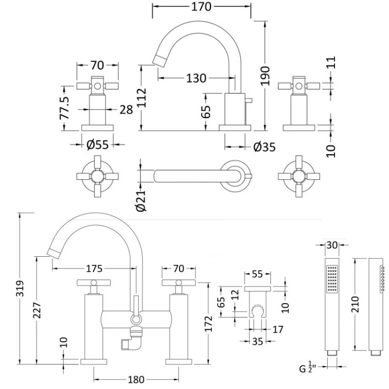 Hudson Reed Tec Crosshead 3-Hole Basin Mixer Tap and Bath Shower Mixer Tap - Chrome