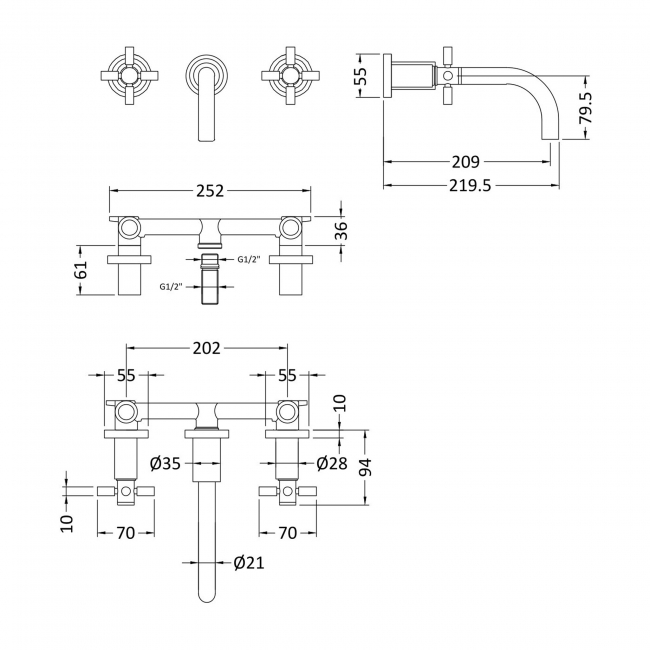 Hudson Reed Tec Crosshead 3-Hole Basin Mixer Tap Wall Mounted - Chrome