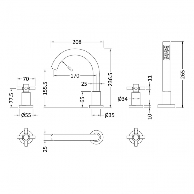 Hudson Reed Tec Crosshead 4-Hole Bath Shower Mixer Tap with Shower Kit and Hose Retainer
