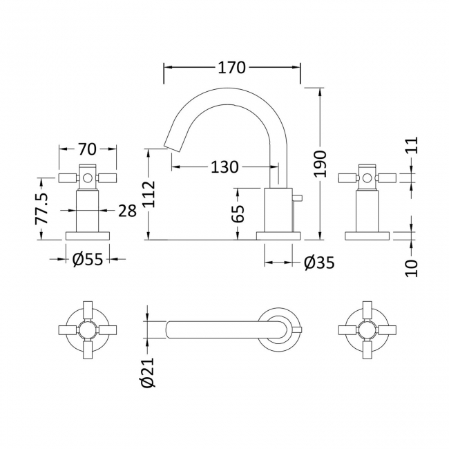 Hudson Reed Tec Crosshead 3-Hole Basin Mixer Tap with Pop Up Waste - Chrome