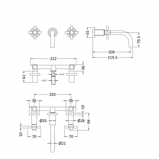 Hudson Reed Tec Crosshead 3-Hole Basin Mixer Tap Wall Mounted - Brushed Brass