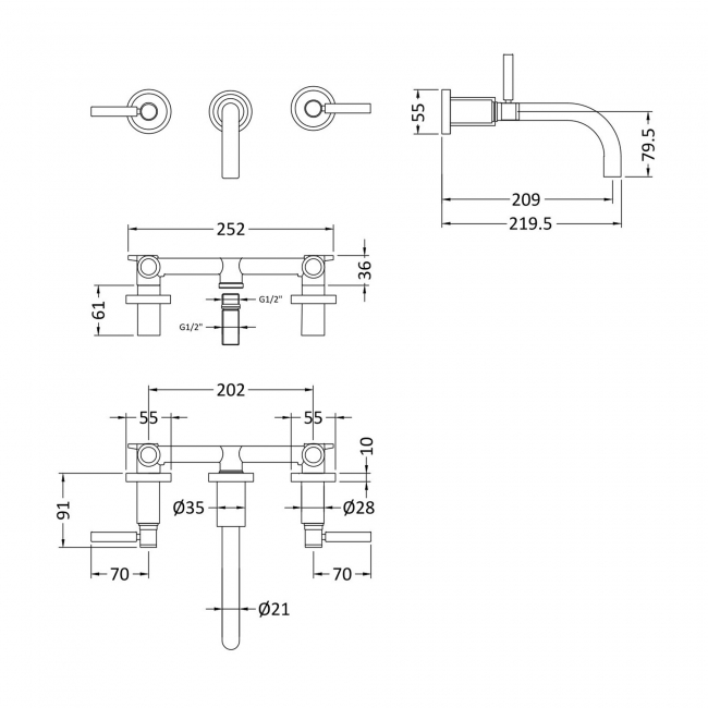 Hudson Reed Tec Lever 3-Hole Basin Mixer Tap Wall Mounted - Chrome