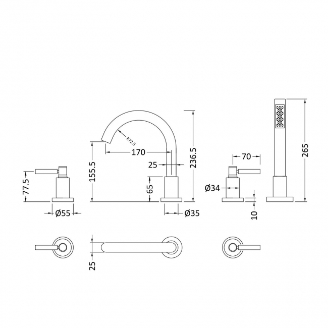Hudson Reed Tec Lever 4-Hole Bath Shower Mixer Tap with Shower Kit and Hose Retainer