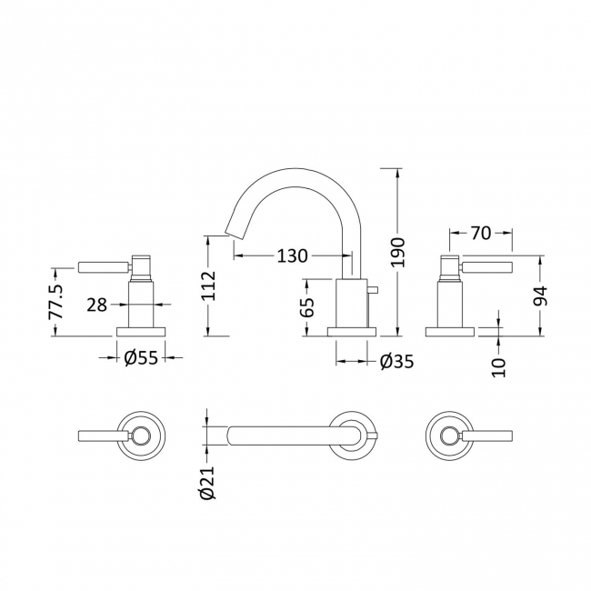 Hudson Reed Tec Lever 3-Hole Basin Mixer Tap with Pop Up Waste - Chrome