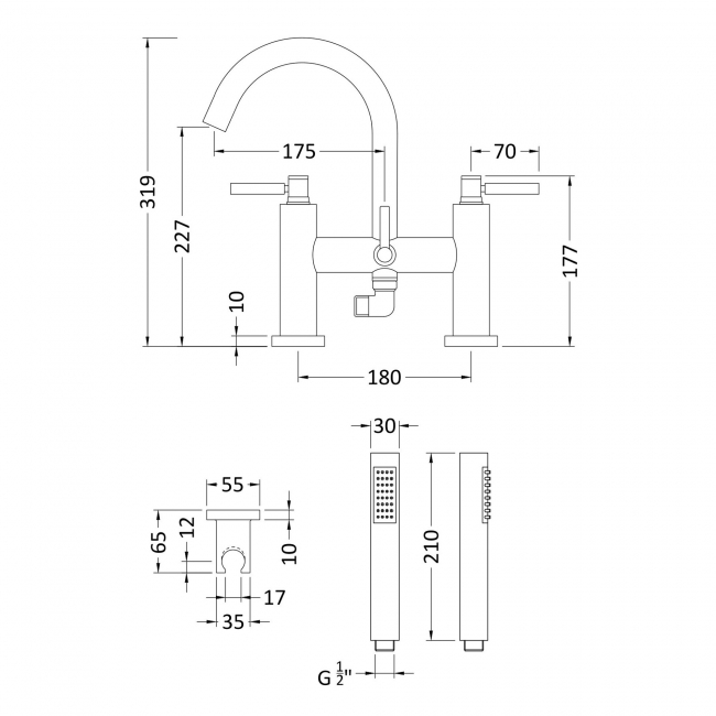 Hudson Reed Tec Lever Bath Shower Mixer Tap Deck Mounted - Chrome