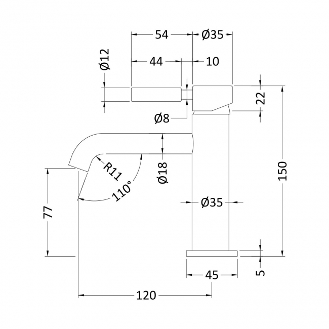 Hudson Reed Tec Lever Basin Mixer Tap with Waste - Matt Black  | Dimension Image
