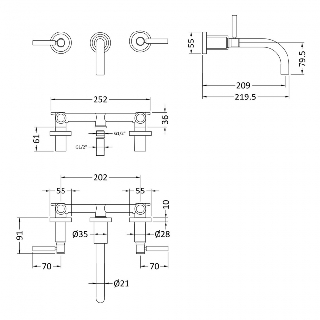Hudson Reed Tec Lever 3-Hole Basin Mixer Tap Wall Mounted - Matt Black