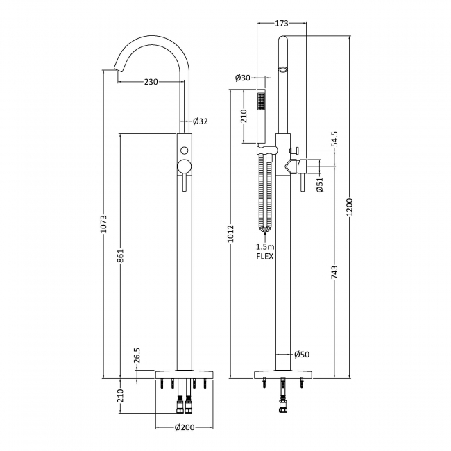 Hudson Reed Tec Single Lever Elite Mono Bath Shower Mixer Tap Freestanding - Matt Black