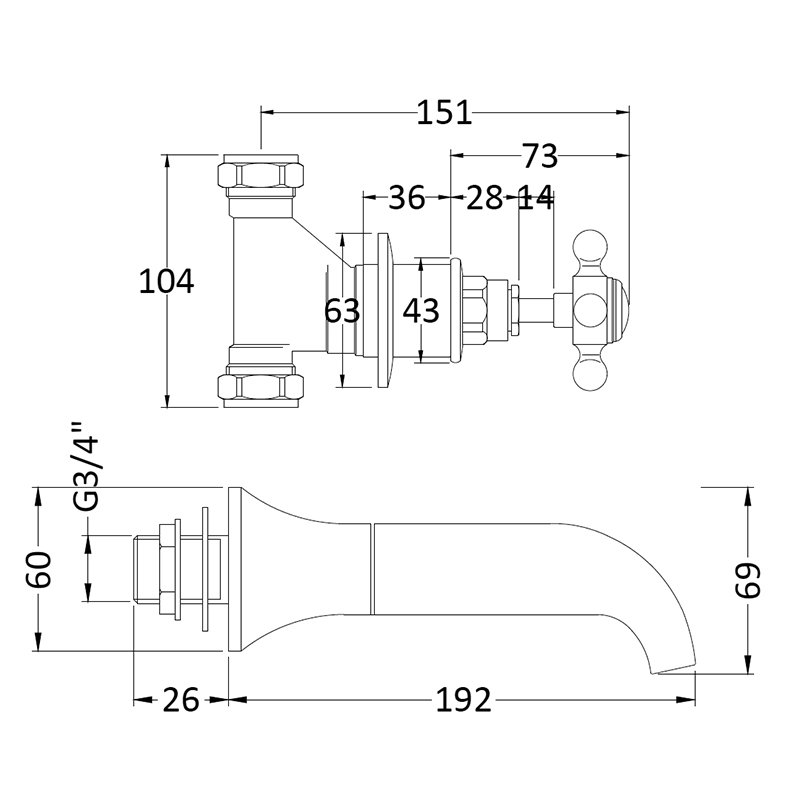 Hudson Reed Topaz Hexagonal Crosshead 3-Hole Bath Filler Tap Wall Mounted - Chrome