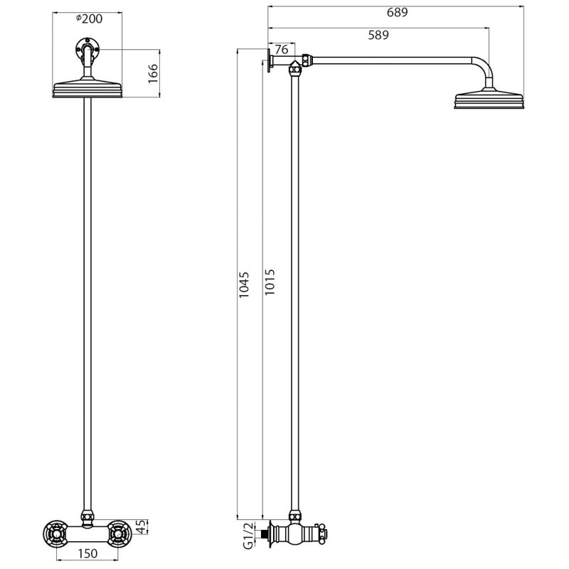 Hudson Reed Topaz Thermostatic Bar Shower Mixer and Rigid Riser with Fixed Head - Brushed Brass