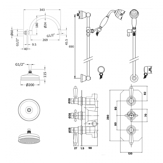 Hudson Reed Topaz Black Concealed Shower Mixer with Slider Rail Kit and Fixed Head - Chrome