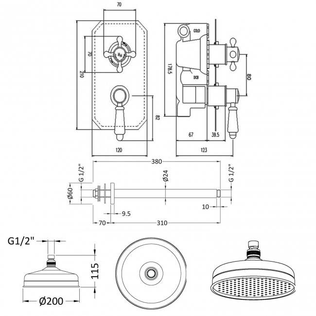 Hudson Reed Topaz Concealed Shower Valve with Fixed Shower Head and Ceiling Mounted Arm - Chrome