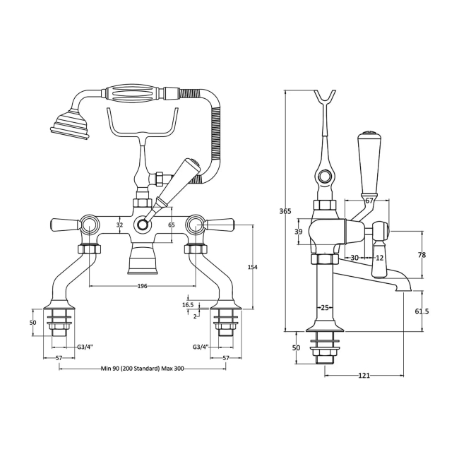 Hudson Reed Topaz Lever Pillar Mounted Bath Shower Mixer Tap - Chrome  | Dimension Image