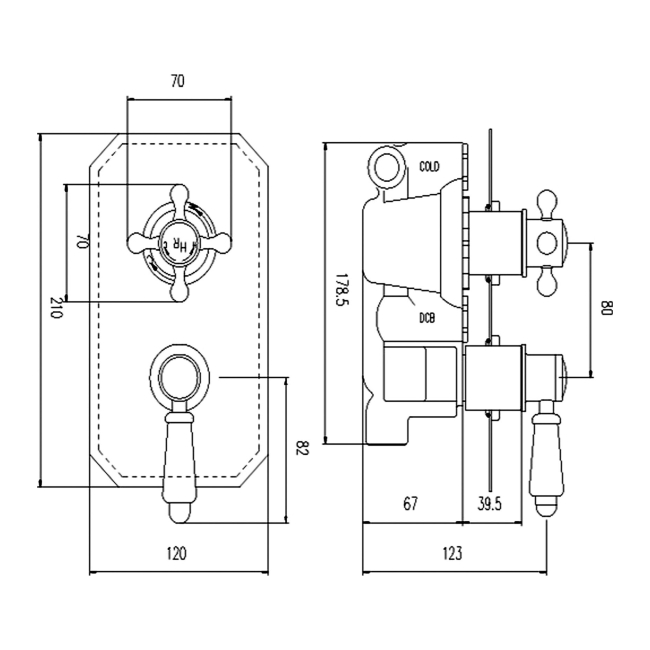 Hudson Reed Topaz Twin Concealed Shower Valve Dual Handle - Brushed Brass  | Dimension Image