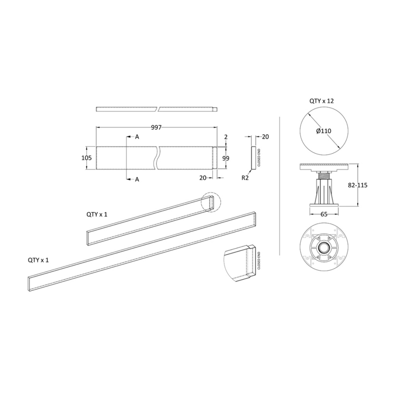 Hudson Reed/Nuie Shower Tray Riser Kit (105mm High) for 1300-1800mm Rectangular Trays - White