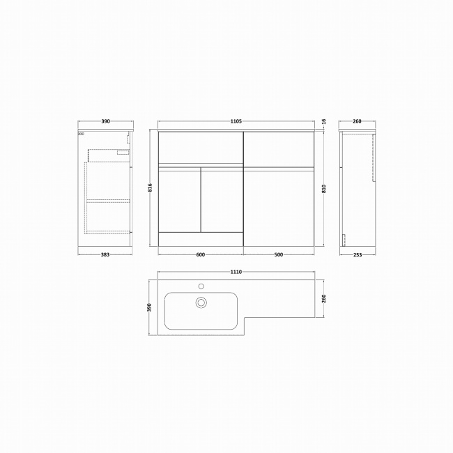 Hudson Reed Urban 1100mm 2-Door 1-Drawer Combination Vanity Basin and Toilet Unit  | Dimension Image