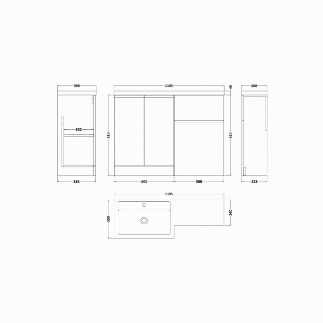 Hudson Reed Urban 1100mm 2-Door Combination Vanity Basin and Toilet Unit  | Dimension Image