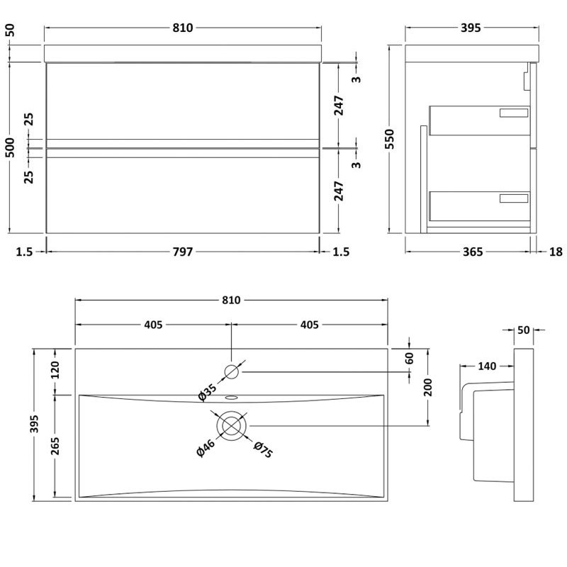 Hudson Reed Urban Wall Hung 2-Drawer Vanity Unit with Basin 3 Satin Blue - 800mm Wide