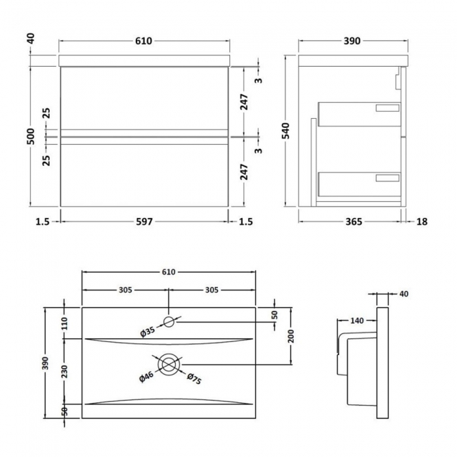 Hudson Reed Urban Wall Hung 2-Drawer Vanity Unit with Basin 1 Satin Blue - 600mm Wide