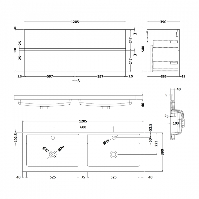 Hudson Reed Urban Wall Hung 4-Drawer Vanity Unit with Double Polymarble Basin 1200mm Wide - Satin Blue