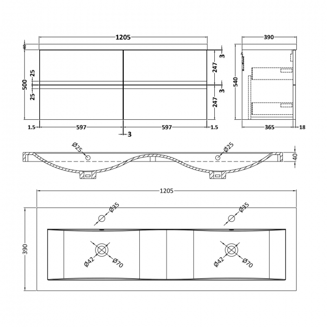 Hudson Reed Urban Wall Hung 4-Drawer Vanity Unit with Double Ceramic Basin 1200mm Wide - Satin Blue