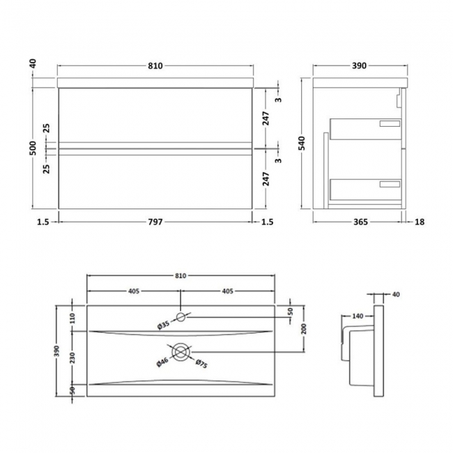 Hudson Reed Urban Wall Hung 2-Drawer Vanity Unit with Basin 1 Satin White - 800mm Wide