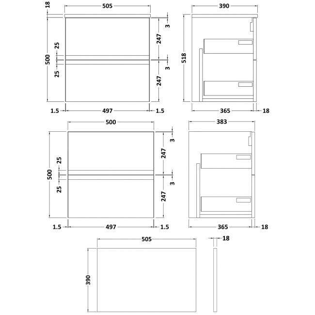 Hudson Reed Urban Wall Hung 2-Drawer Vanity Unit with Worktop 500mm Wide - Satin White