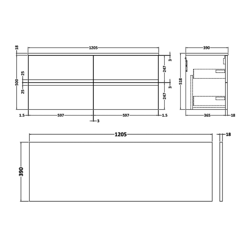 Hudson Reed Urban Wall Hung 4-Drawer Vanity Unit with Worktop 1200mm Wide - Satin Green