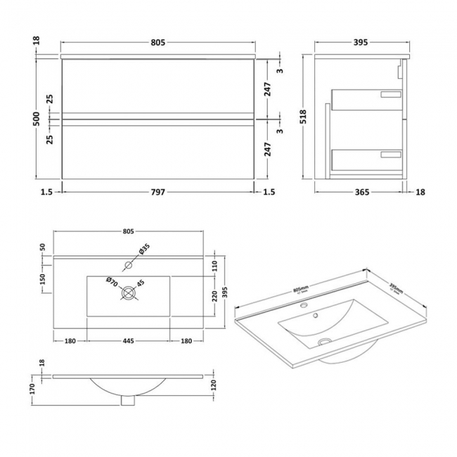 Hudson Reed Urban Wall Hung 2-Drawer Vanity Unit with Basin 2 Satin Anthracite - 800mm Wide