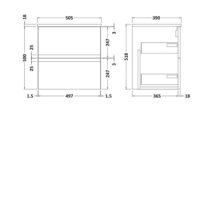 Hudson Reed Urban Wall Hung 2-Drawer Vanity Unit with Worktop 500mm Wide - Satin Green  | Dimension Image
