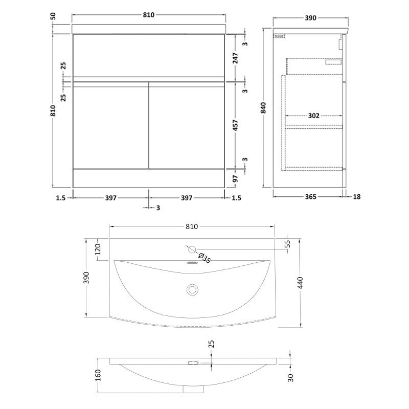 Hudson Reed Urban Floor Standing 2-Door Vanity Unit with Basin 4 Satin Blue - 800mm Wide
