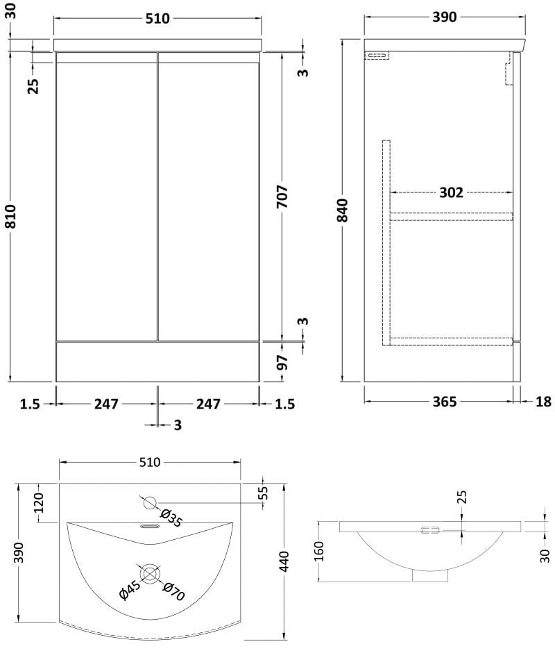Hudson Reed Urban Floor Standing 2-Door Vanity Unit with Basin 4 Satin Grey - 500mm Wide