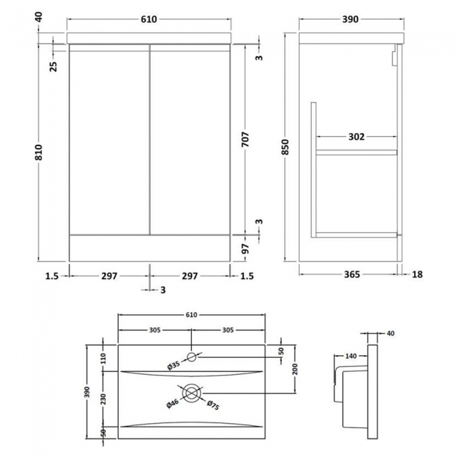 Hudson Reed Urban Floor Standing 2-Door Vanity Unit with Basin 1 Satin Grey - 600mm Wide