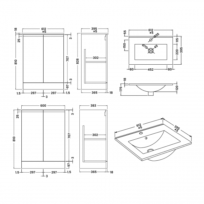 Hudson Reed Urban Floor Standing 2-Door Vanity Unit with Basin 2 Satin White - 600mm Wide