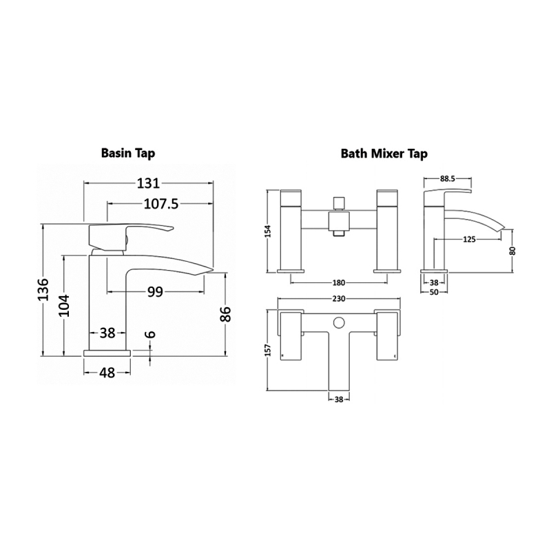 Nuie Vibe Mono Basin Mixer Tap and Bath Shower Mixer Tap - Chrome
