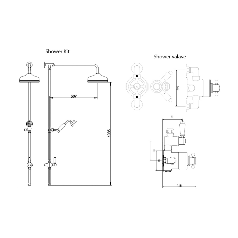 Hudson Reed Victorian Exposed Shower Valve with Rigid Riser Kit - Chrome