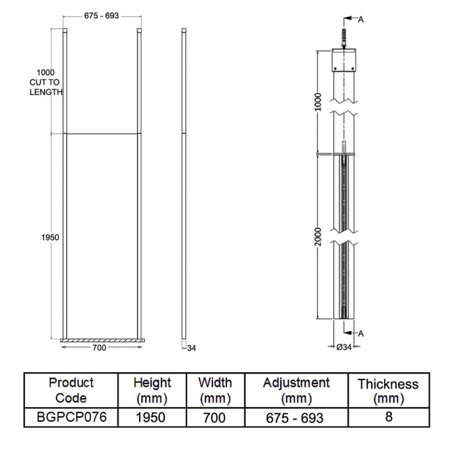 Hudson Reed Wet Room Screen with Ceiling Post 760mm Wide - 8mm Glass  | Dimension Image