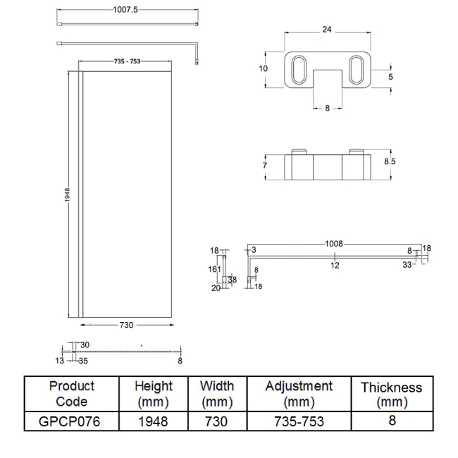 Hudson Reed Wetroom Screen 760mm Wide with Ceiling Post - 8mm Glass  | Dimension Image