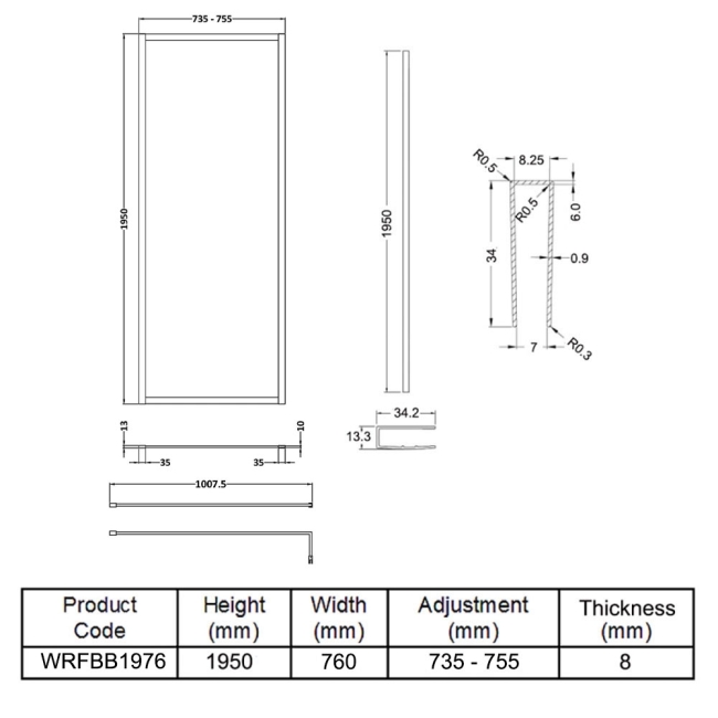 Hudson Reed Full Outer Framed Wetroom Screen 760mm W x 1950mm H with Support Bar 8mm Glass - Brushed Brass  | Dimension Image