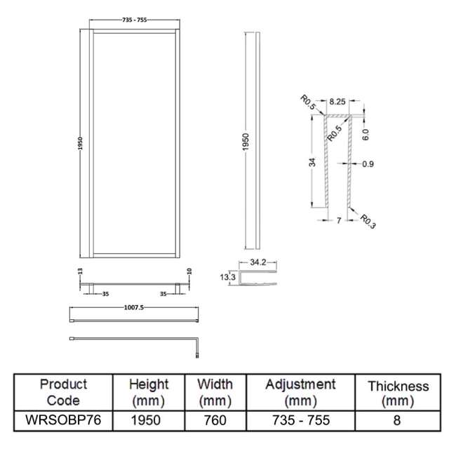 Hudson Reed Outer Framed Matt Black Wetroom Screen with Support Bar 760mm W x 1950mm H - 8mm Glass  | Dimension Image