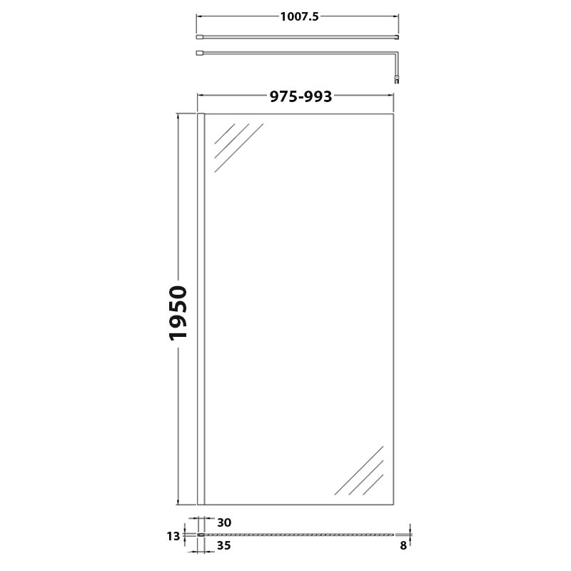 Hudson Reed Wet Room Screen with Support Bar 1000mm Wide - 8mm Glass