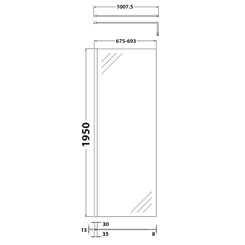 Hudson Reed Wet Room Screen with Support Bar 700mm Wide - 8mm Glass