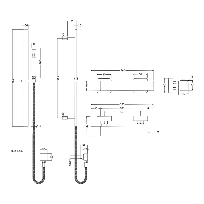 Hudson Reed Windon Square Thermostatic Bar Shower Valve with Sheer Slider Rail Kit - Chrome
